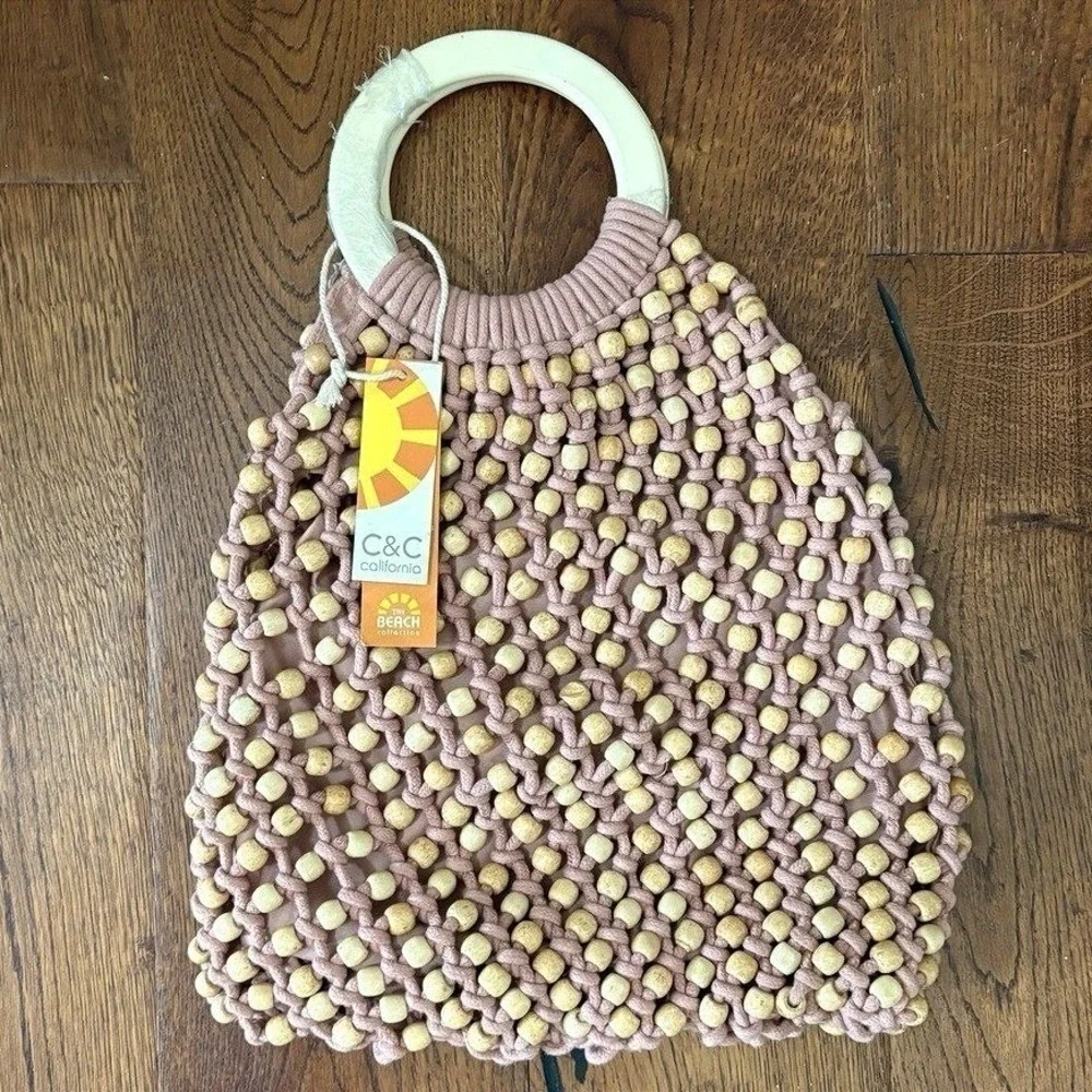 NWT C&C California‎ Macrame Purse Beaded Wooden Handle Boho Retro Bag